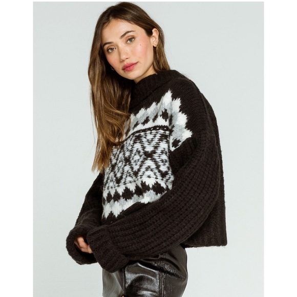 NWT Free People Alpine Black Combo Intarsia Crop Wool Alpaca Blend Sweater - Picture 2 of 11
